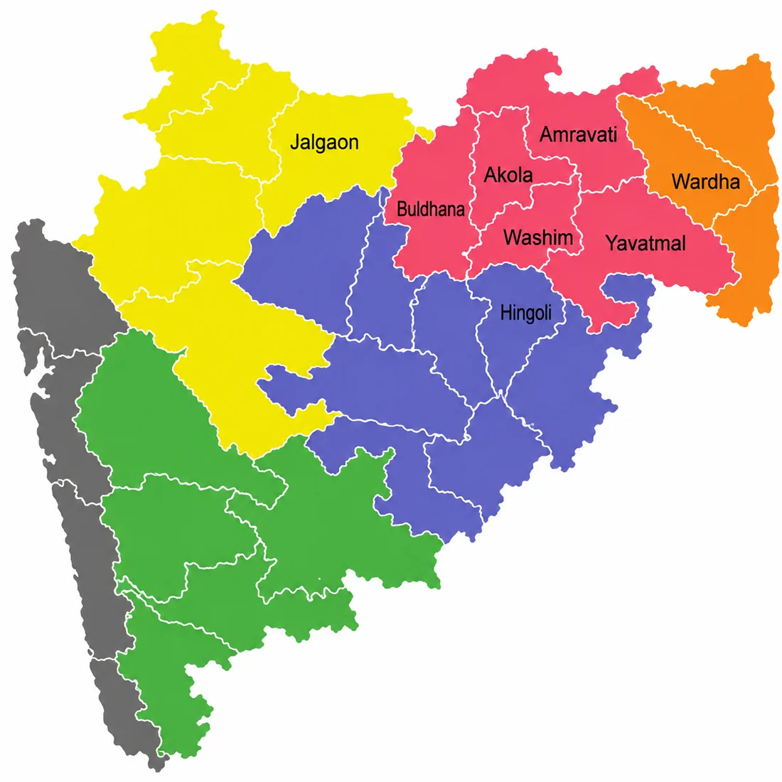 Map of Maharashtra highlighting the eight catchment districts around Akola