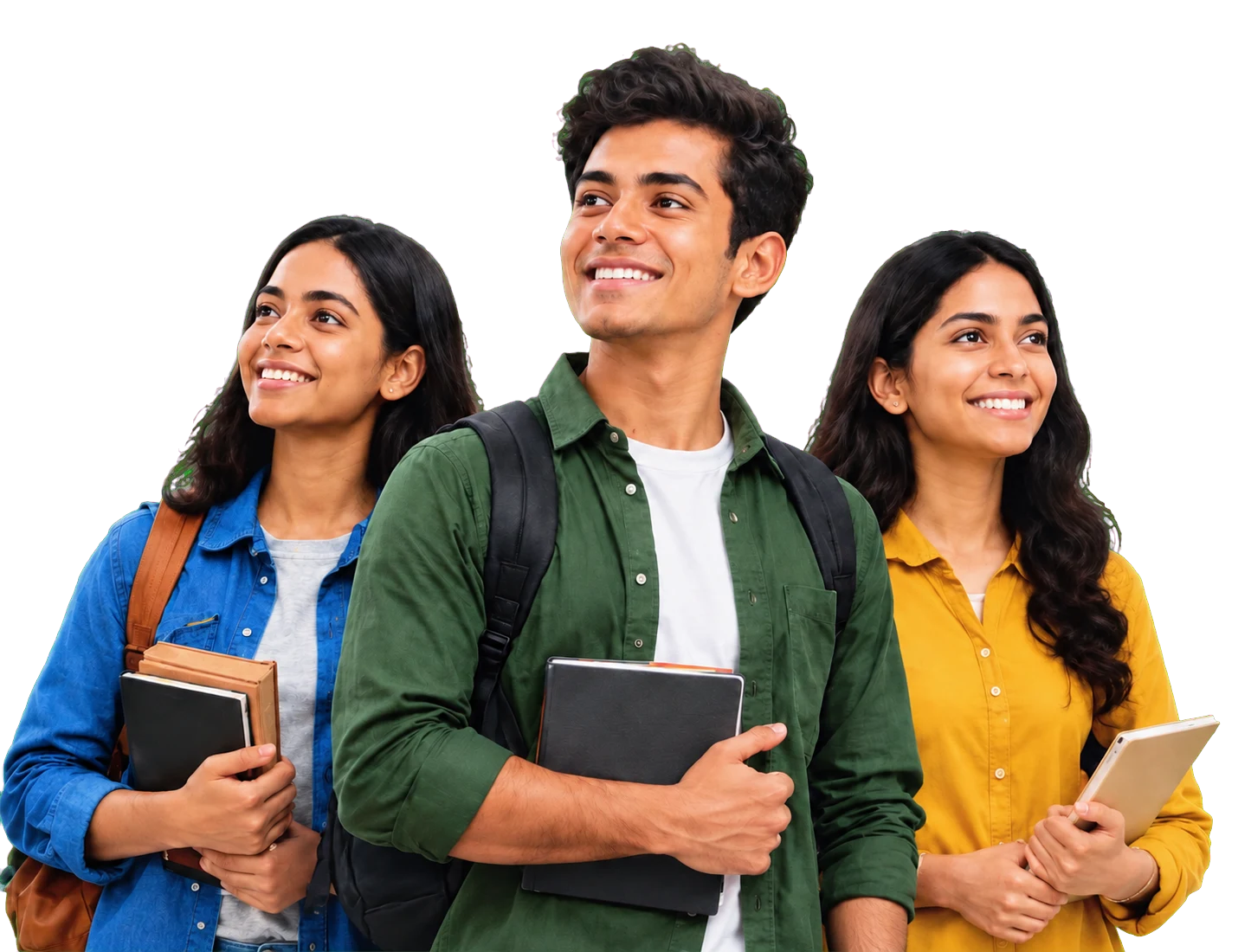 Three smiling students holding books